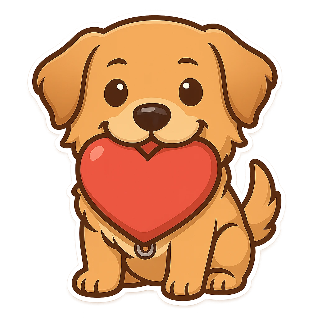 Replace the realistic heart in the dog's mouth with a large, bright red cartoon-style heart. Keep the style playful and the background transparent. emoji