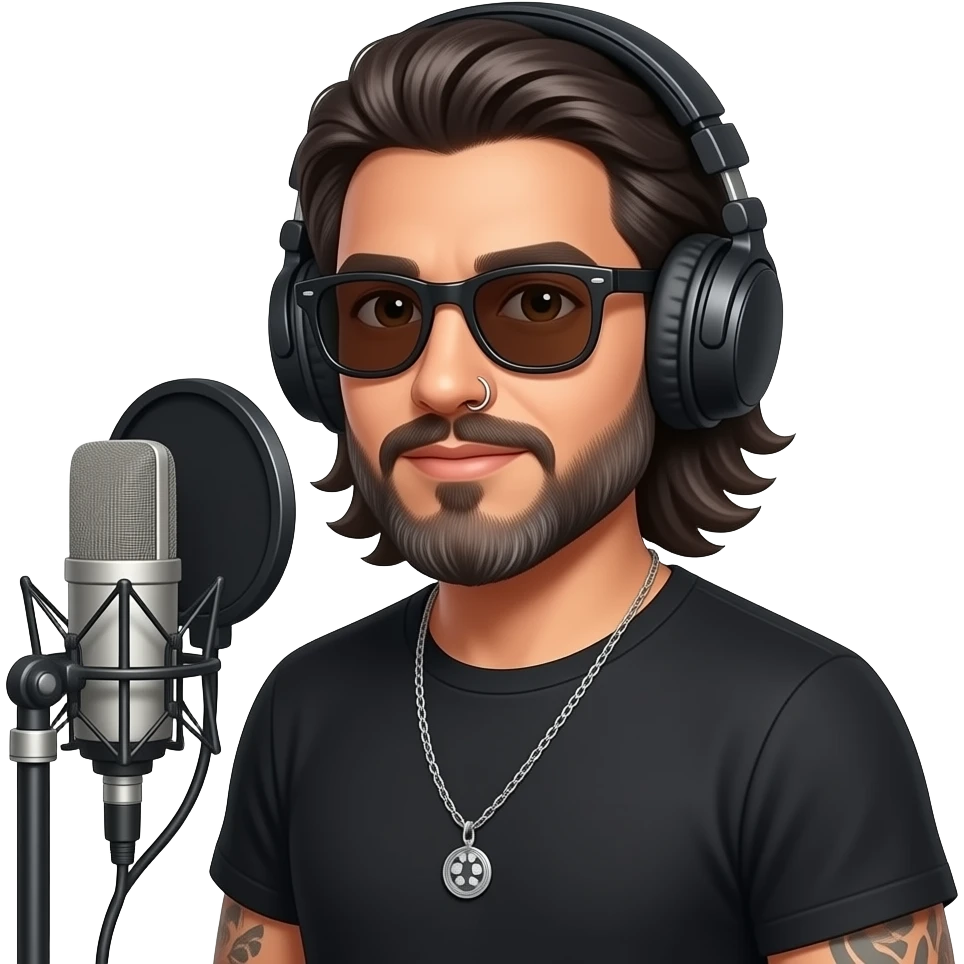 The handsome manly Latino podcast host with medium length hair, a long  slightly graying beard and tattoos with his ears pierced and a nose ring on the right side, dark brown eyes, dark sunglasses, headphones, recording an episode emoji