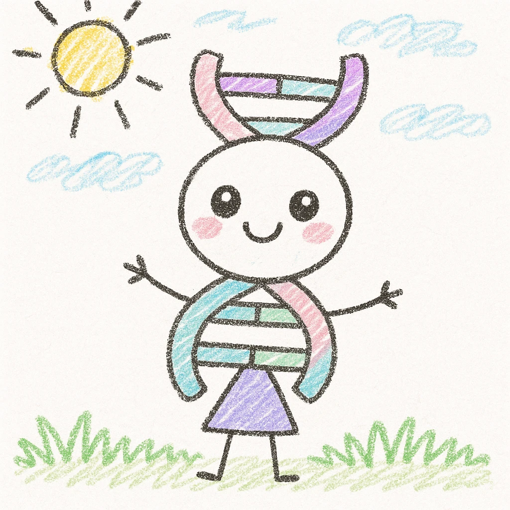 Kannst du mir bitte ein Bild erstellen im Kawaii-Stil? Also ganz übertrieben kitschig, also pastellige Farben mit den Thema Genetik. emoji