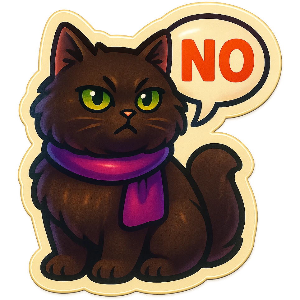 Fluffy dark-brown cat with green eyes and a purple scarf saying ‘NO’ (with a speech bubble) emoji