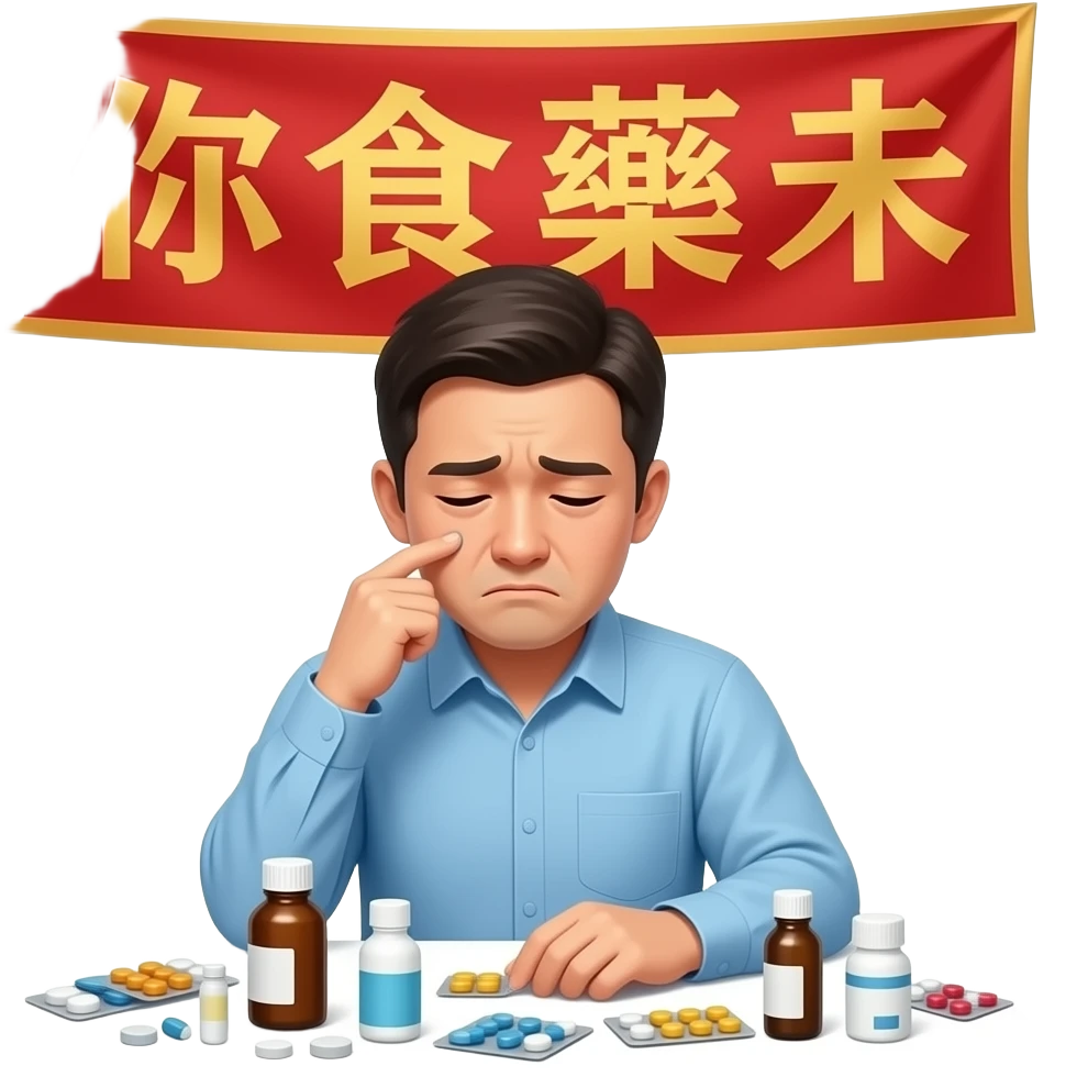 A sad m man worrying taking plenty medicine with a chinese banner 「你食藥未」 emoji
