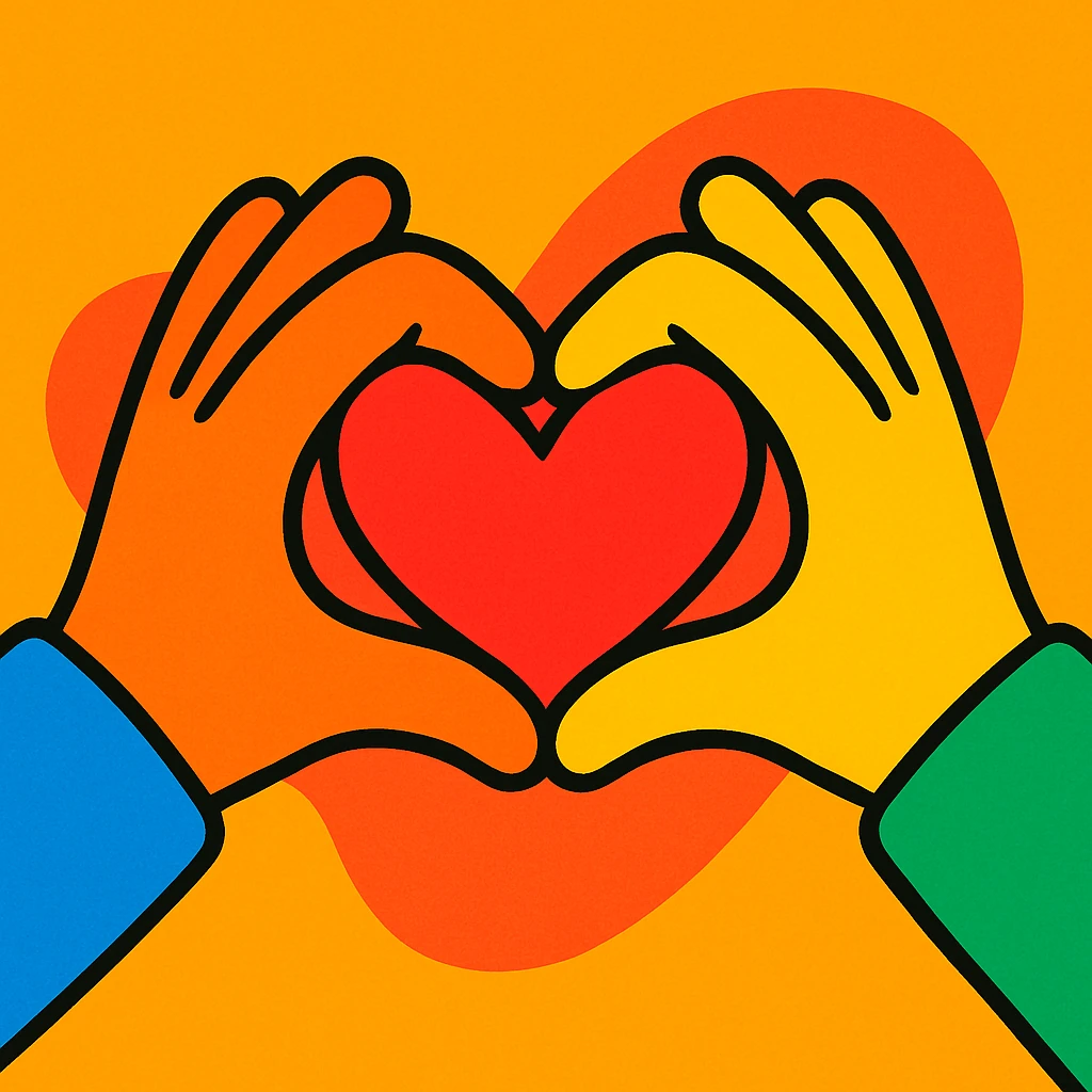 two hands forming a heart shape, symbolizing love, modern cartoon style emoji