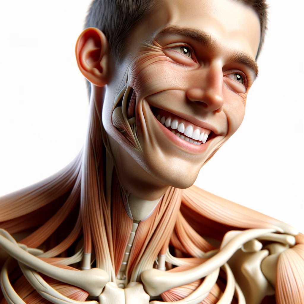 corpo umano anatomico a figura intera che sorride rilassato, iperrealistico 4k, isolato su sfondo bianco emoji