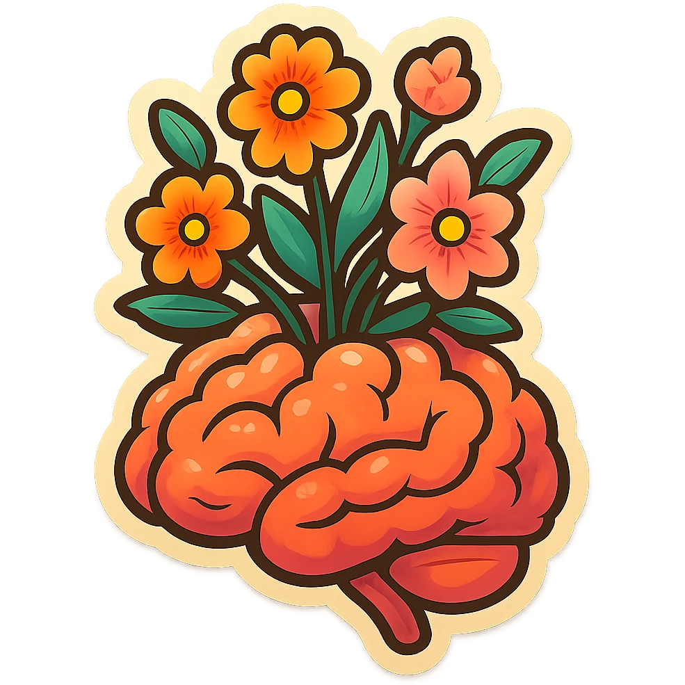 brain with blooming flowers, symbol of inner harmony, retro sticker style, clear contours, shadows and highlights, psychosomatic theme emoji