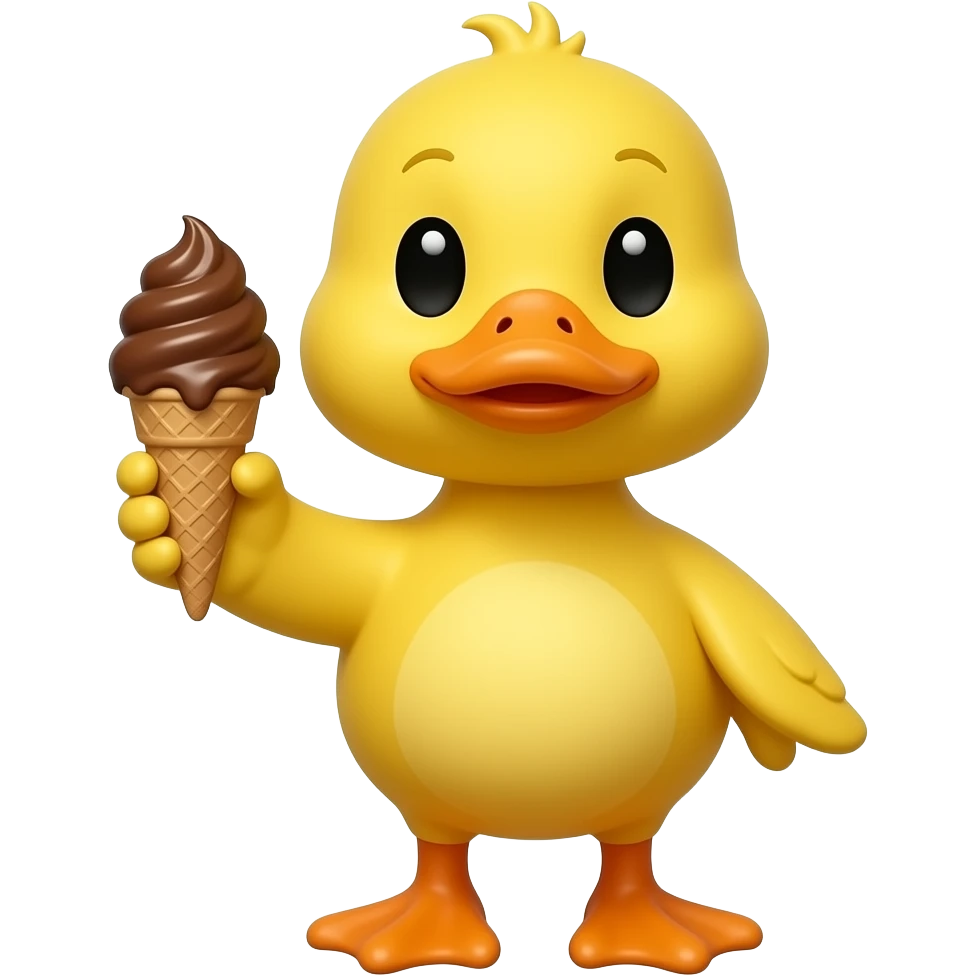 yellow duck standing pose front view hold brown color ice cream in one hand emoji