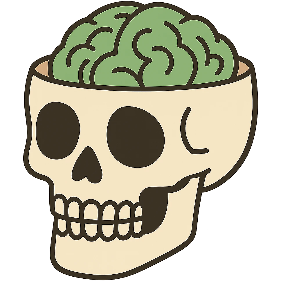 flat toon style cut-up skull with green brain inside emoji