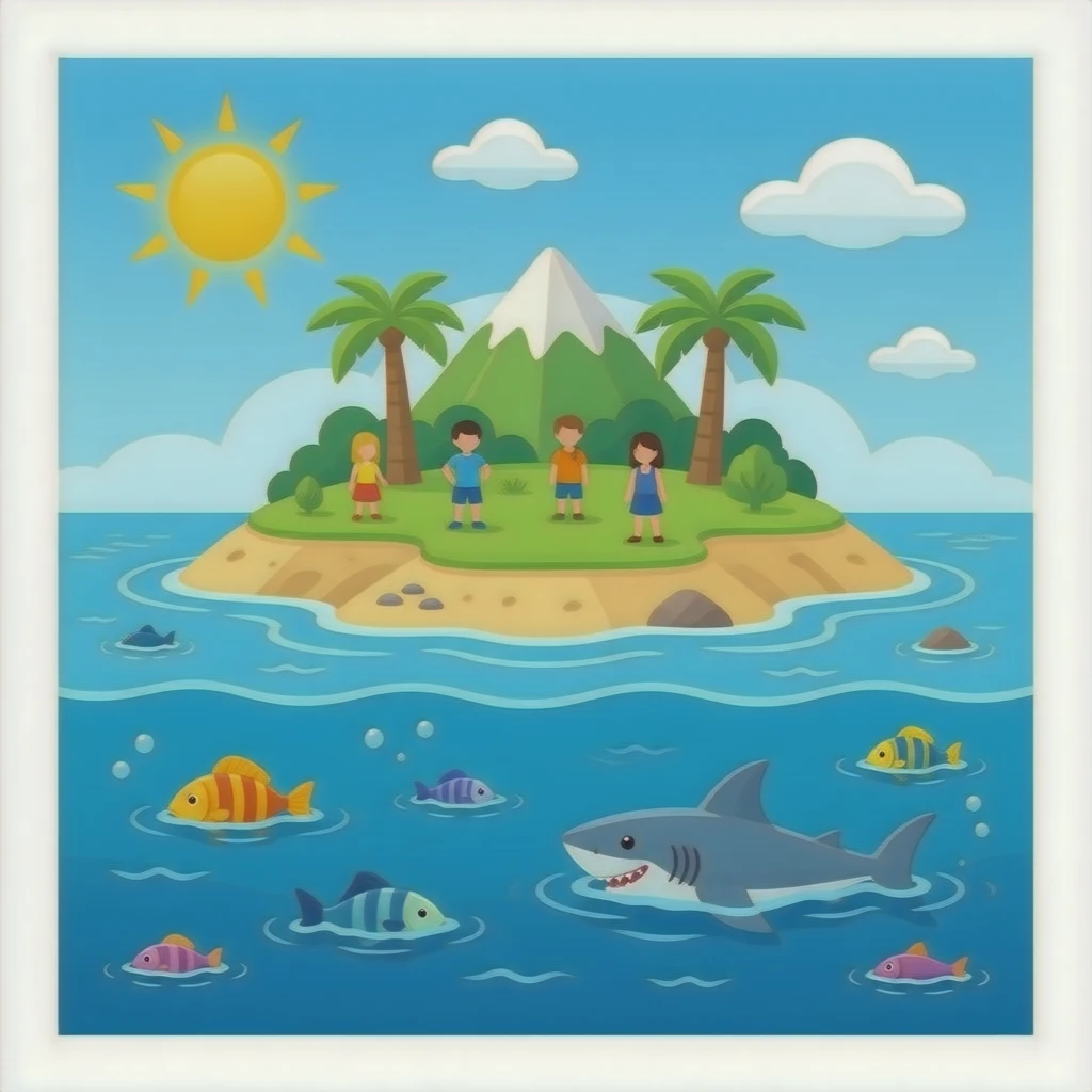 Ocean island with fish and shark and people emoji