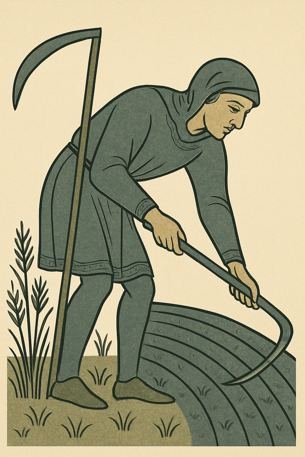 Edit the image to depict a medieval peasant man working in a field, bending over, with a transparent background, maintaining the medieval art style and details. emoji