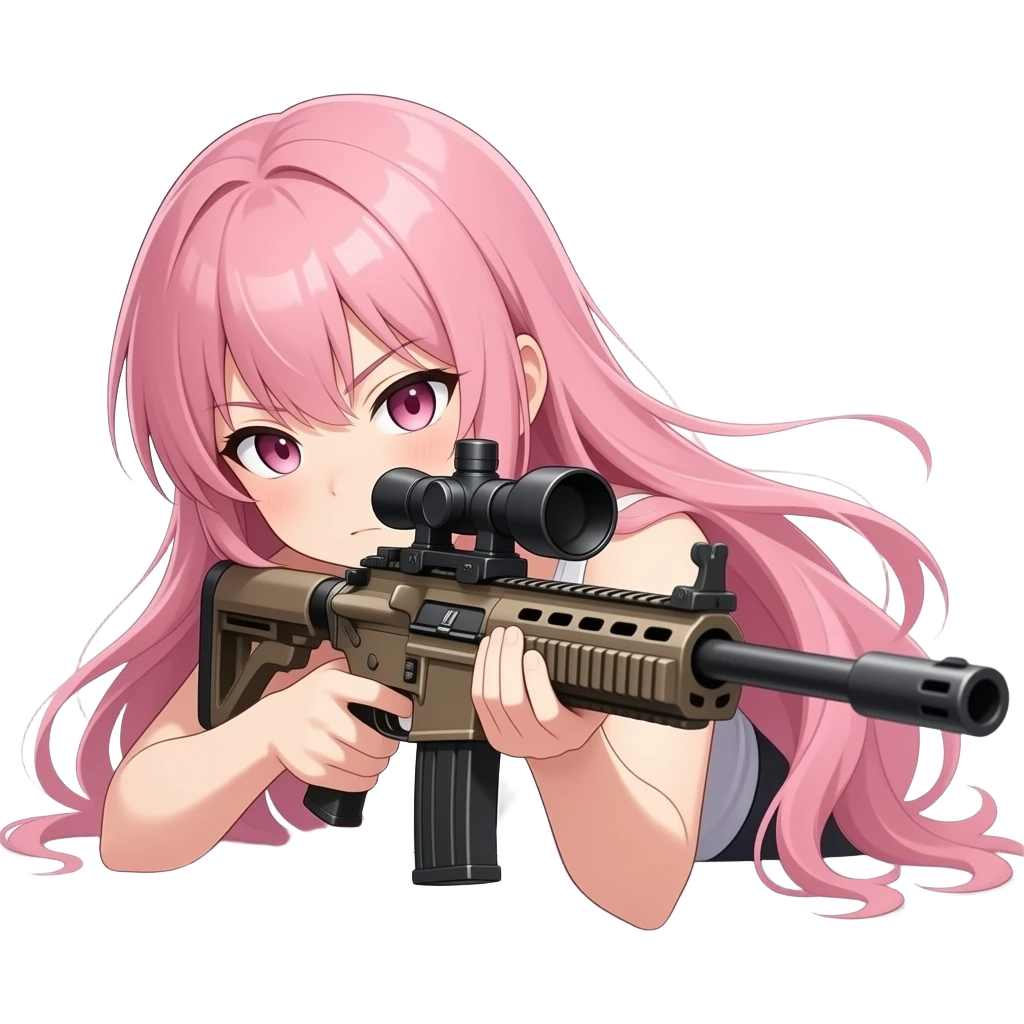 Anime girl with long pink hair, intense expression, holding a sniper rifle, lying prone in a focused shooting position, subtle breathing motion, hair slightly moving in the wind, eyes locked on target, calm but deadly aura, soft ambient lighting, minimal background, cinematic anime style emoji