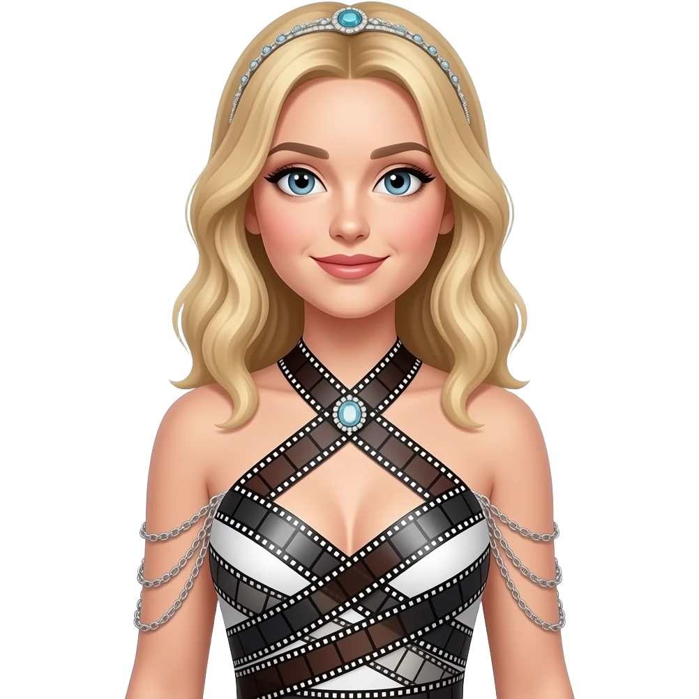 Sabrina carpenter blonde hair wears a halter-neck dress constructed from strips of 35mm film arranged in a diagonal, wrapped pattern across the bodice. She is wearing a jeweled headpiece and silver chains drape from her arms emoji