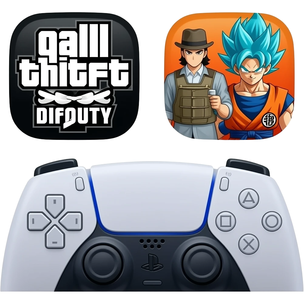icone avec a l interieur des icone de jeu gta call off duty et dragon ball z et une mannette ps5 devant emoji