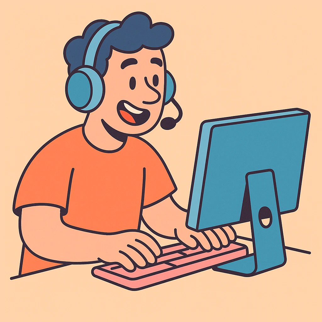 Man with headphones and microphone with computer. Operator emoji
