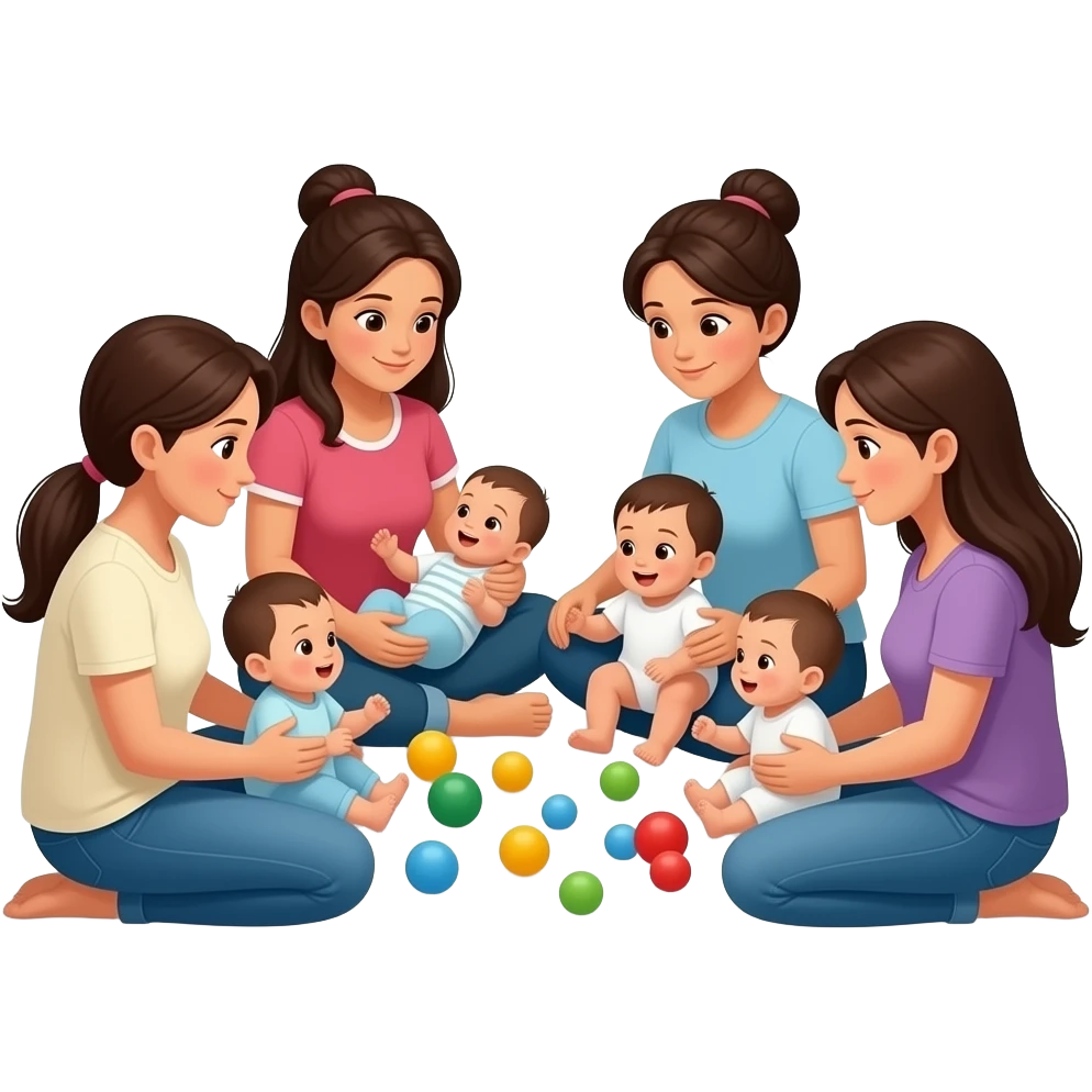4 mamas sentadas en ronda con bebes a upa jugando emoji