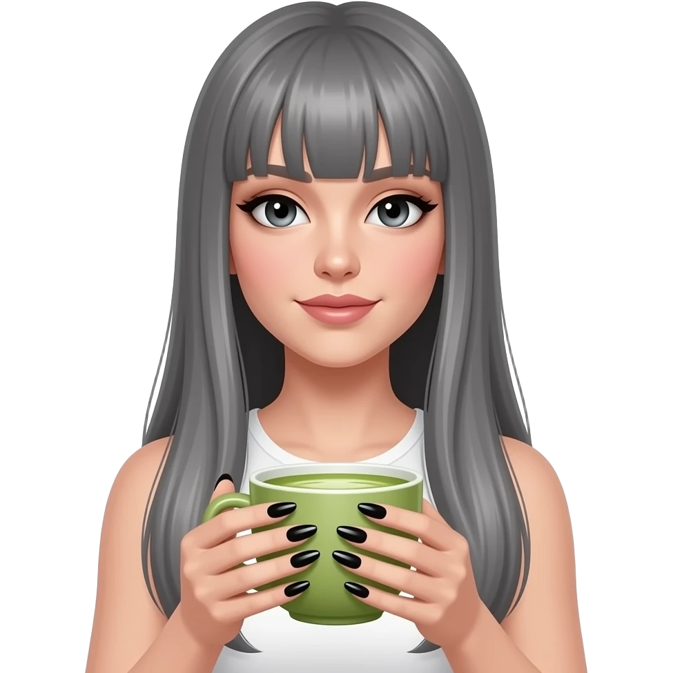 lady with black eyes and extremely long straight grey hair, long black nails, holding a HUGE matcha, and wearing a white top emoji