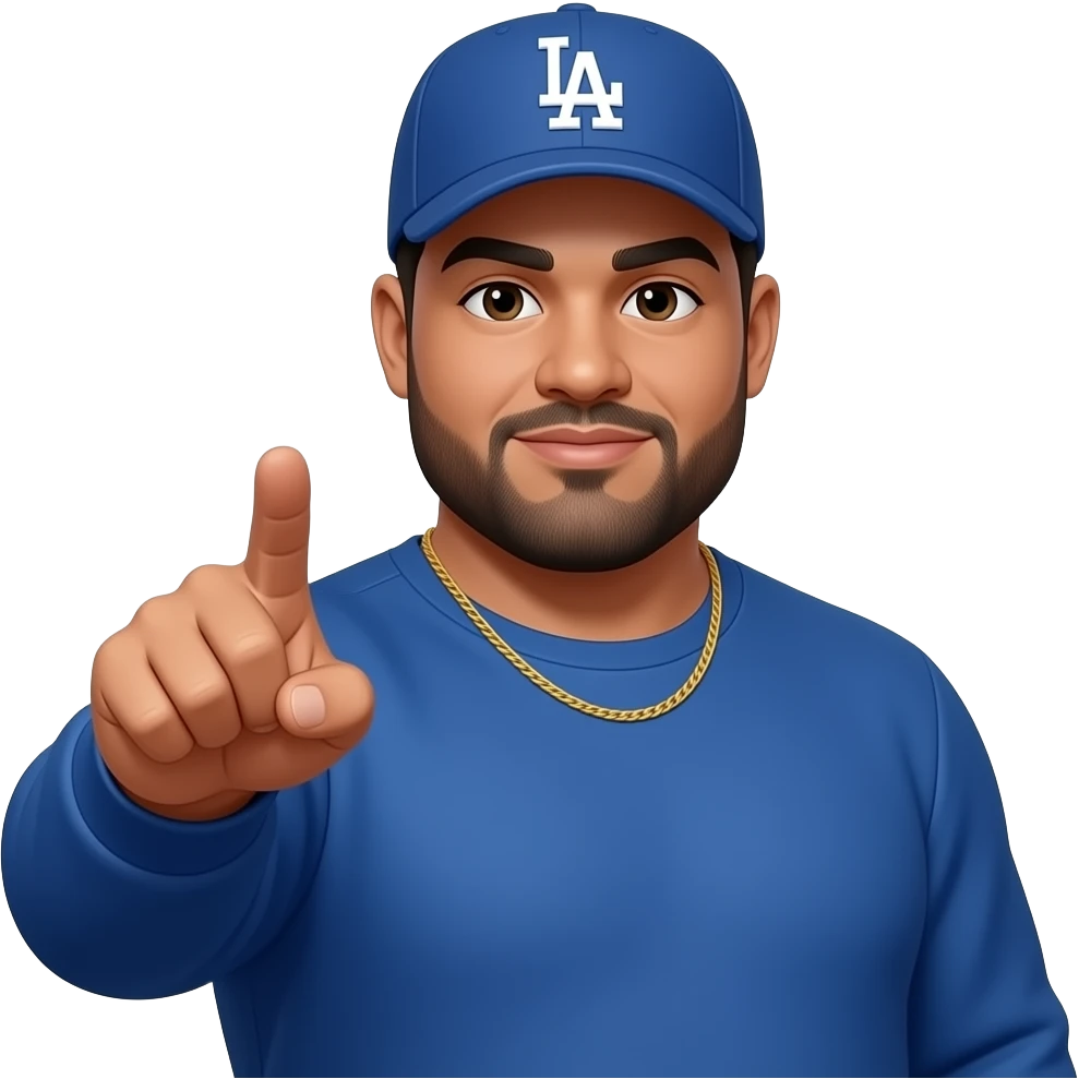 chubby man with a honey skin complextion with lightly shaved black beard wearing a blue Los Angeles Dodgers baseball cap wearing a long sleeve blue shirt wearing a gold tennis necklace making fingers a gun pointing forward emoji