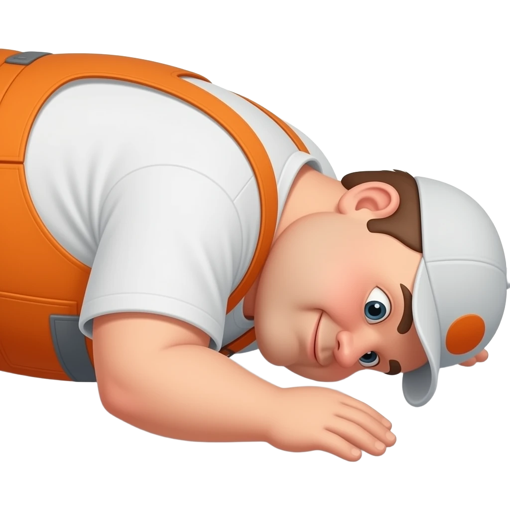 fat MAN, no hat, IN ORANGE HIVIS OVERALLS, not happy, laying face down on floor, side view emoji