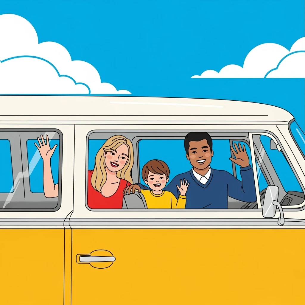 color vector art with thin outline of family with volkwagon van  emoji