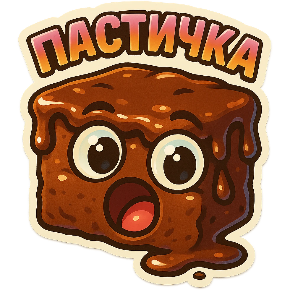 Rectangular chocolate mini pastry, slightly messy and squished, chocolate dripping, big round eyes, wide open mouth, playful surprised expression, text above: "ПАСТИЧКА", chibi style, Twitch emoji style, transparent background, colorful

 emoji