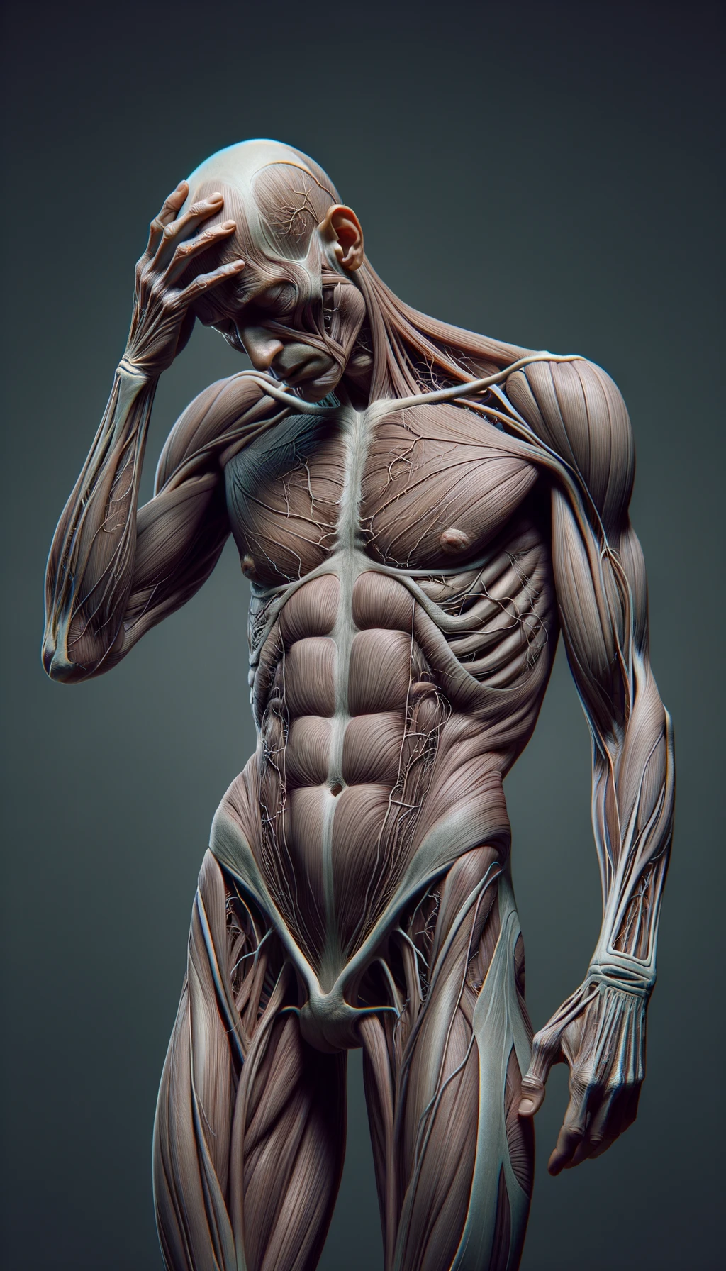 CORPO UMANO ANATOMICO A FIGURA INTERA STANCO CON MANO SULLA FRONTE, IPERREALISTICO 4K emoji