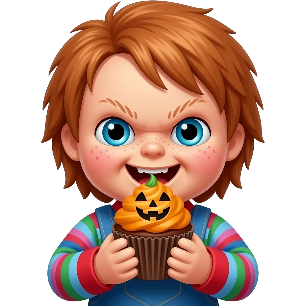 Chucky eating a Halloween cupcake emoji