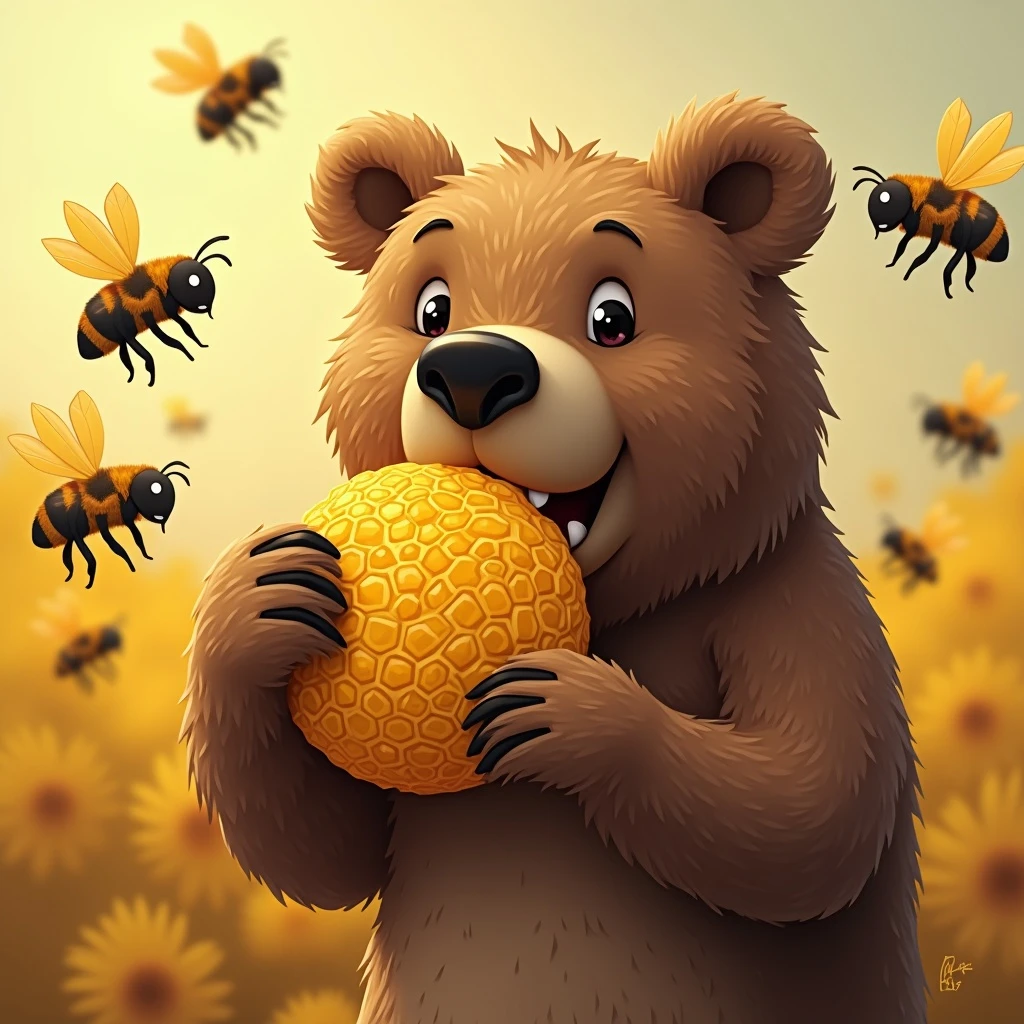 bear eating honeycomb with bees flying around emoji