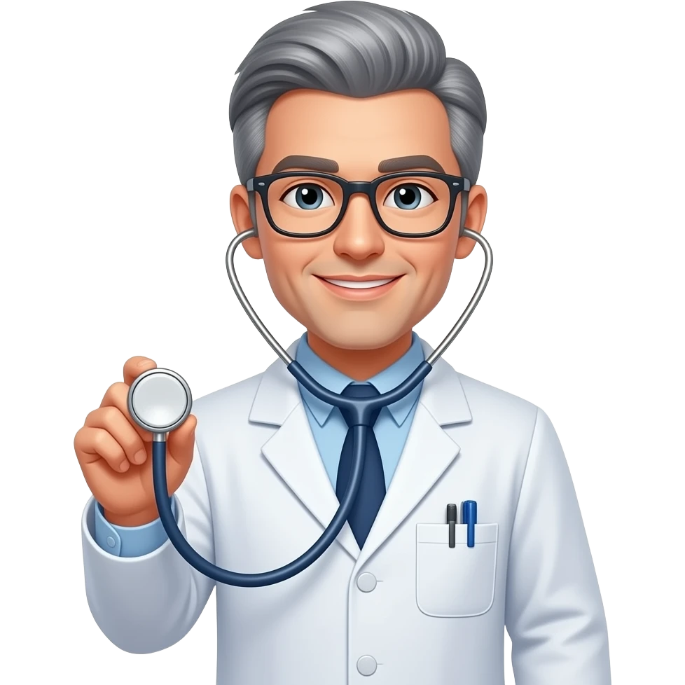 male doctor grey hair glasses holding stethoscope in left hand emoji