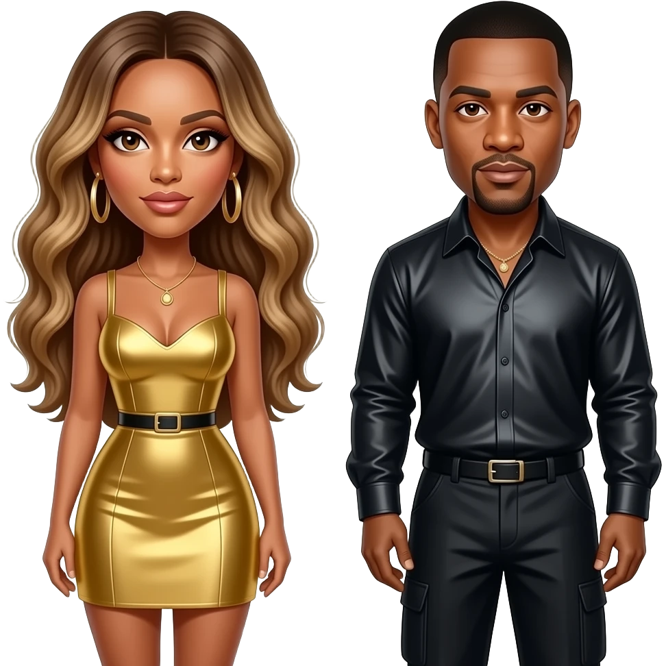 Beyonce with hazel eyes, long golden brown hair, gold short dress, gold earrings, Jay-Z with dark brown eyes, black hair, black metallic shirt and baggy pants, necklace emoji