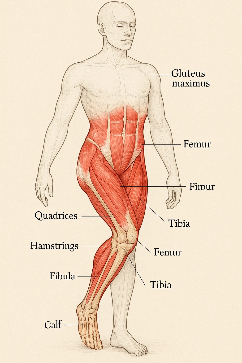 Create an educational anatomical illustration highlighting the leg that supports the body weight. Emphasize the muscles and bones involved in weight bearing with clear anatomical detail. The highlighted leg should stand out distinctly from the rest of the body, using a clear educational style inspired by the reference photo. emoji