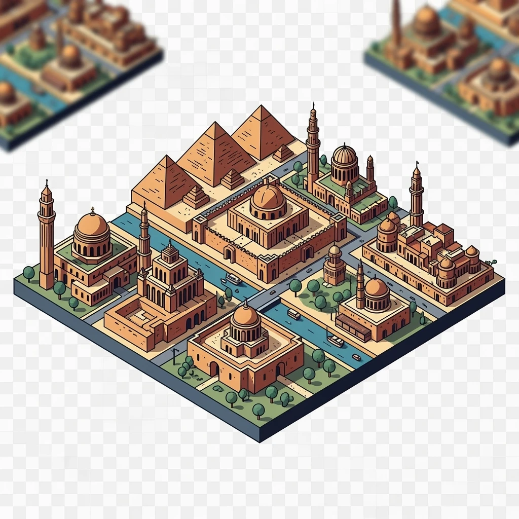 Isometric minimalistic illustration of Cairo, subtle 3D miniature effect and Tilt Shift effect, no cartoonish look, transparent background. emoji