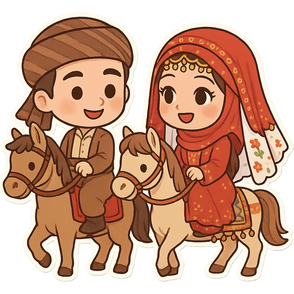 cartoon sticker of Kurdish bride and groom in traditional clothing, each separately riding a horse, both in the same frame and scene like an old Kurdish wedding ceremony, joyful and colorful, no text, suitable for WhatsApp and Instagram, transparent background emoji