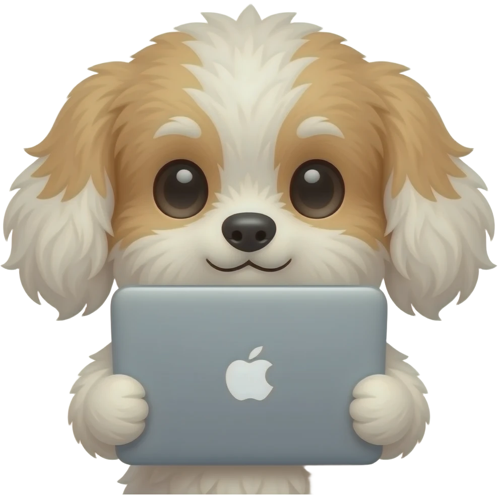 Very small fluffy dog holding laptap, bigger face for profile, look front, no body emoji
