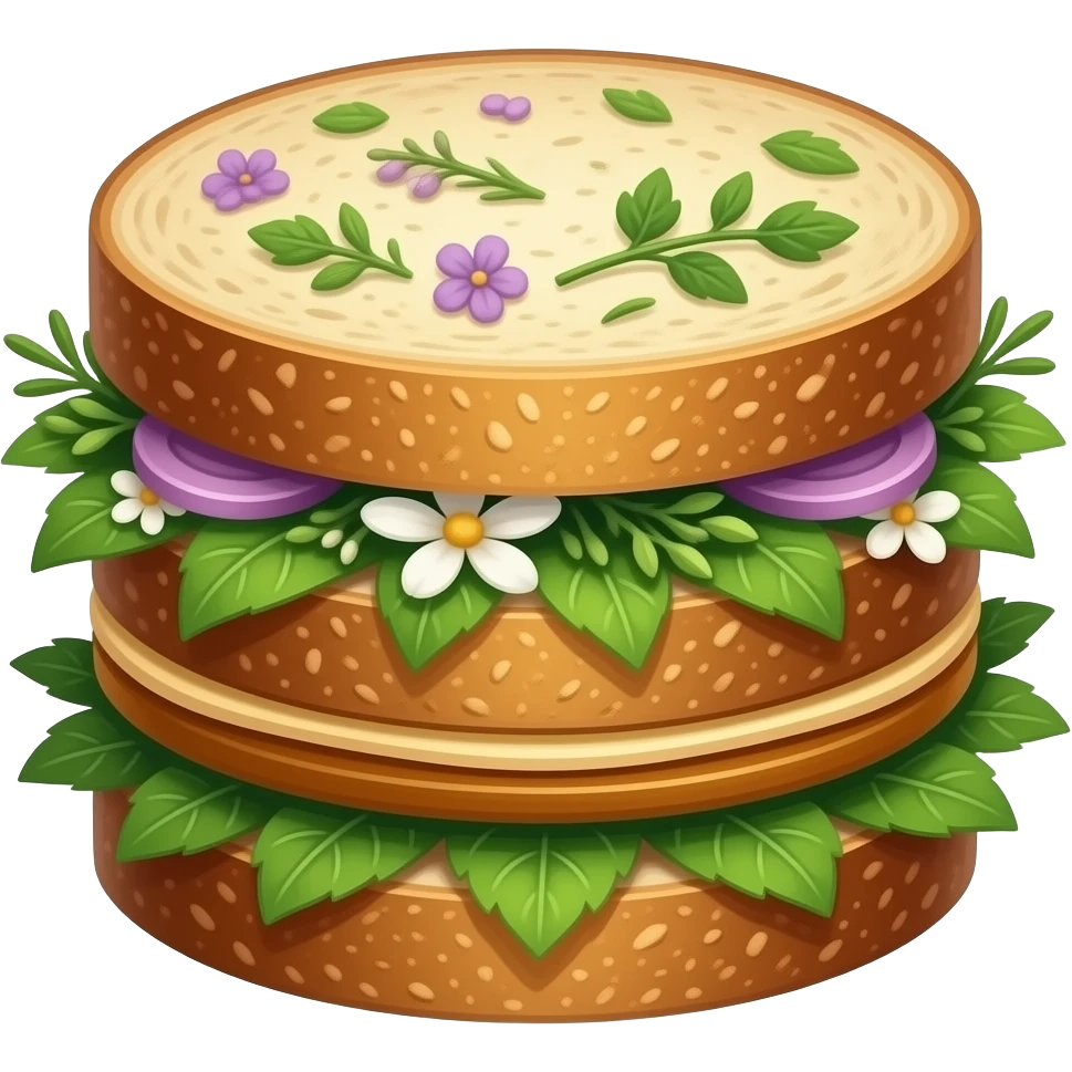 Elegant whymsical forest fairy sandwich, delicate layers, fresh herbs, edible flowers, rustic bread, botanical fantasy, emerald green, amber, subtle violet accents. emoji