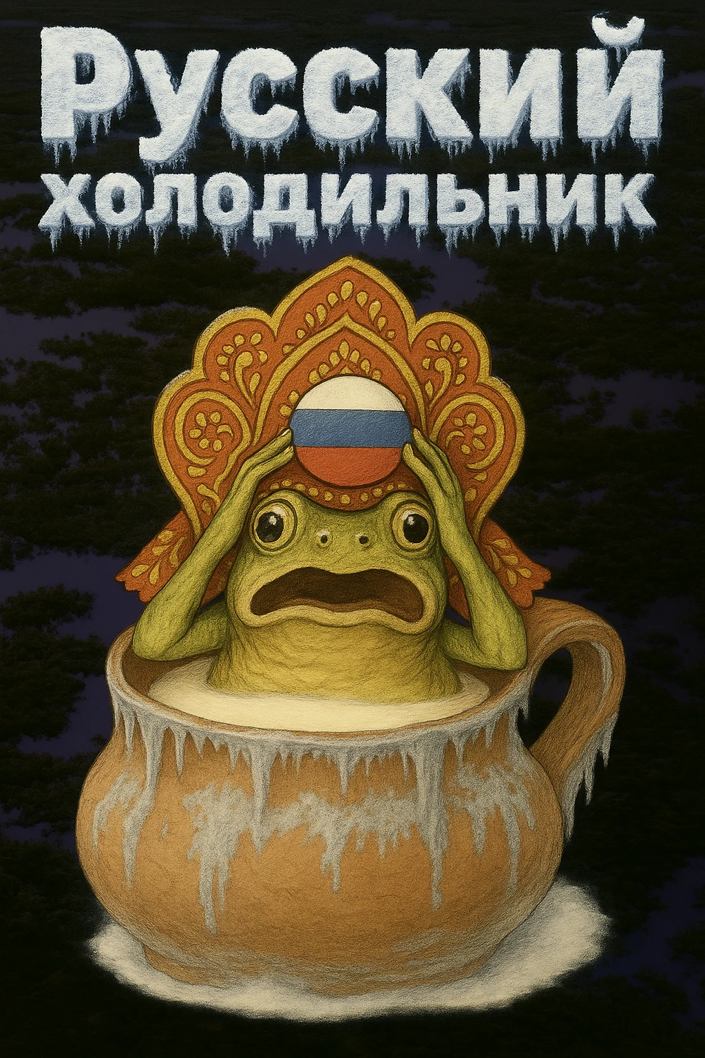 Сделай надпись Русский холодильник строго как на картинке в 2 строки, чтобы она была покрыто чуть льдом и инеем, но читалась emoji