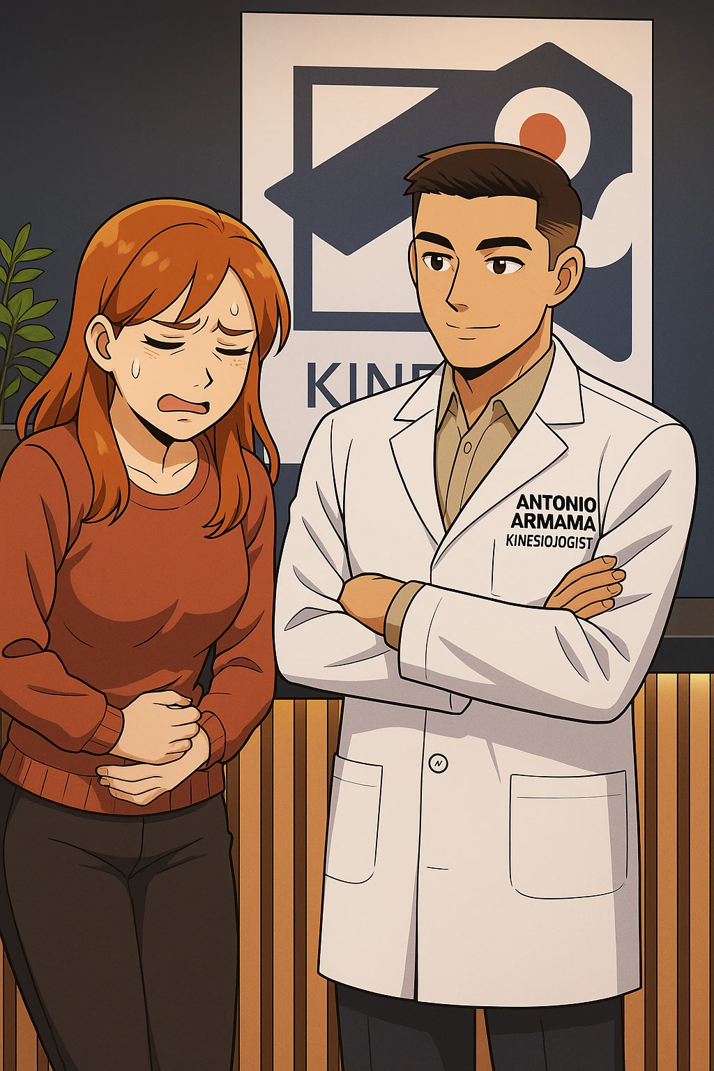 su questo stile fai un manga/webtoon a colori in cui una donna si lamenta che sta male e ha mal di pancia, l'uomo della foto in stile manga gli risponde, mantieni un ambiente simile alla foto che ho allegato con il suo logo (sarebbe il suo studio, lui è un kinesiologo), scrivigli "ANTONIO ANANIA" sul camice bianco, non mettere fumetti, ma fai in modo che sembri che la donna chiede una cosa e l'uomo risponde alla sua domanda emoji