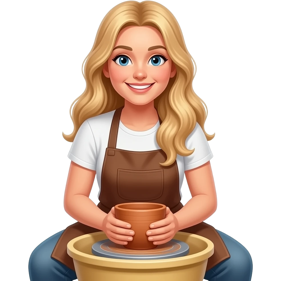 Blond long hair female, in white t-shirts and brown apron doing pottery, looks dawn and smiles emoji