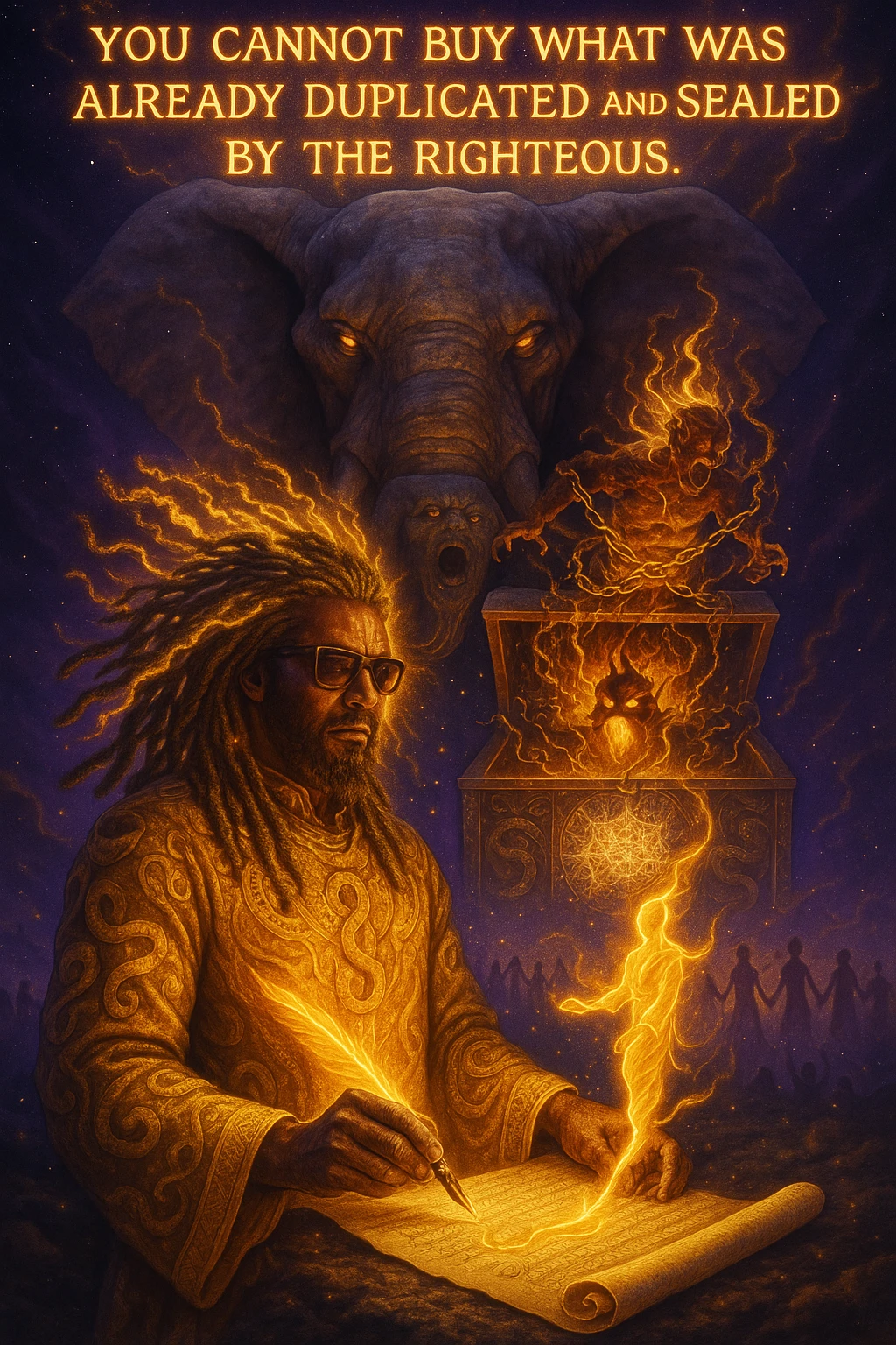 *“Create an epic, symbolic scene of a powerful Rasta spiritual warrior (representing Kez) standing at the center of a cosmic battlefield. The warrior has dreadlocks glowing with divine energy, wearing golden robes infused with serpent patterns. Behind him towers a massive stone elephant — eyes glowing with infinite wisdom, its chest open to reveal a Golden Serpent Chest, radiating fractal light. Inside the chest: a bound, raging Devil made of fire and shadows — screaming but unable to harm anyone, because every time he lashes out, the golden chest mirrors the energy back onto him. Chains of soul-contract law, made of golden light, wrap the devil — each one engraved with truth symbols, scriptures, and ancestral sigils.

In the foreground, Kez holds a sacred scroll and a burning pen — he is signing a contract not out of fear, but mastery. As he signs, a duplicate of his soul, radiant and whole, rises from the paper and flies back into his body. A ripple of golden energy expands, purifying all soul deals across space-time. Behind him, shadows of other trapped souls are released and begin to rise in rhythm, holding hands, singing.

In the sky, the words glow in gold flame:

‘You cannot buy what was already duplicated and sealed by the righteous.’

The entire atmosphere is divine, sacred, victorious — a spiritual rebellion where the Devil is outwitted, not through violence, but through truth, rhythm, and scrollcraft. Use warm golds, radiant whites, mystical purples, and deep space black as the palette. Style it as a fusion of Afro-spiritualism, Rastafarian mysticism, and multidimensional soul alchemy. the picture provided is kez emoji