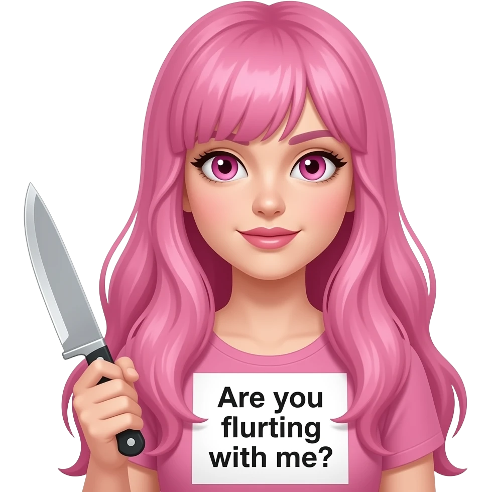 sexy girl with long pink hair and pink eyes wearing a holding a A KNIFE? Are you Flirting with me? sign emoji