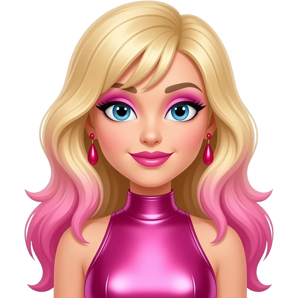 Jerrica/Jem from Jem and the Holograms with blue eyes, long blonde and pink 80s rocker hair, pink eyeshadow, pink lipstick, hot pink metallic high neck dress, red earrings emoji