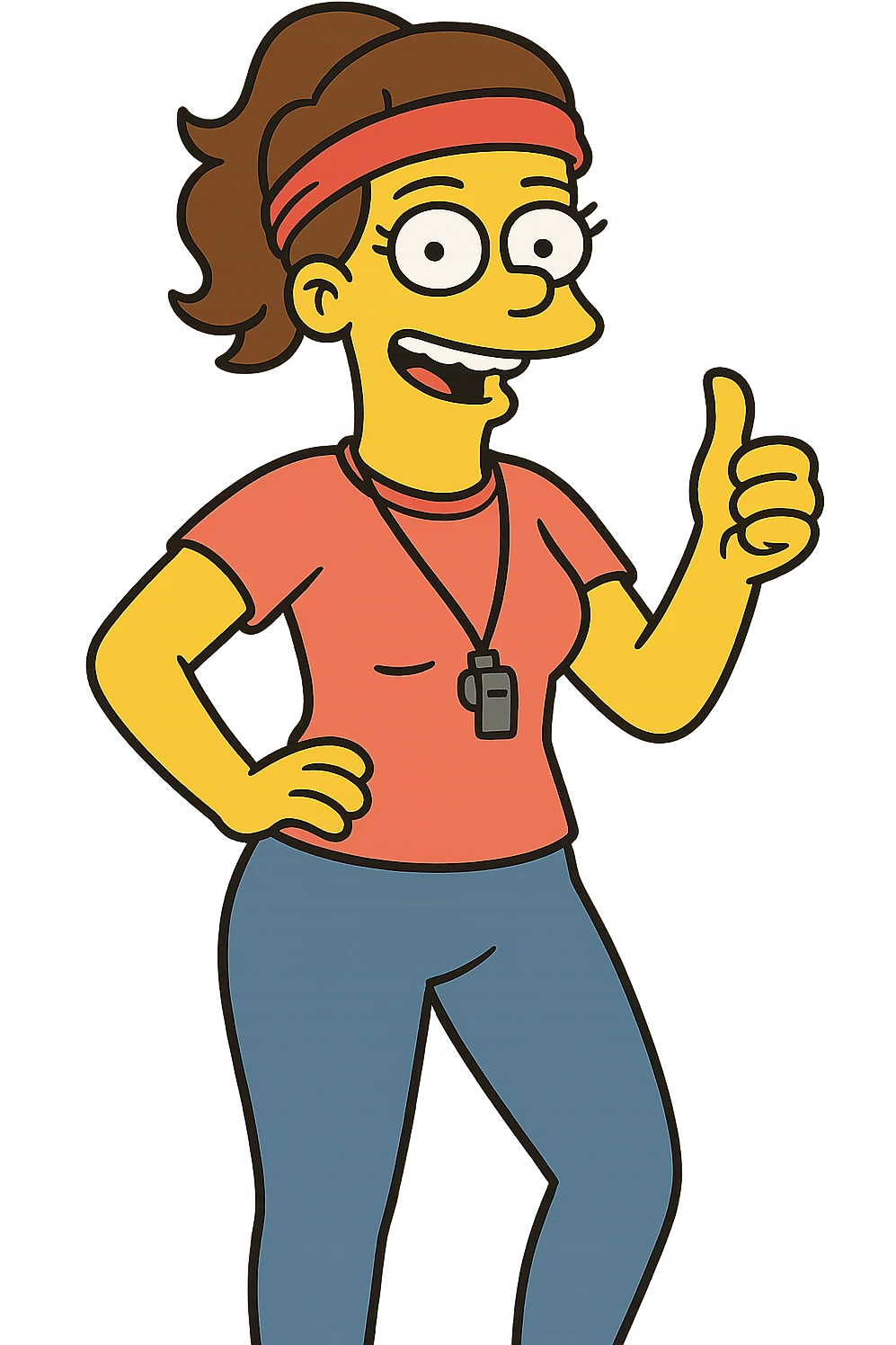 Simpsons-style gym trainer, yellow skin, red headband, blue leggings, giving a thumbs up emoji