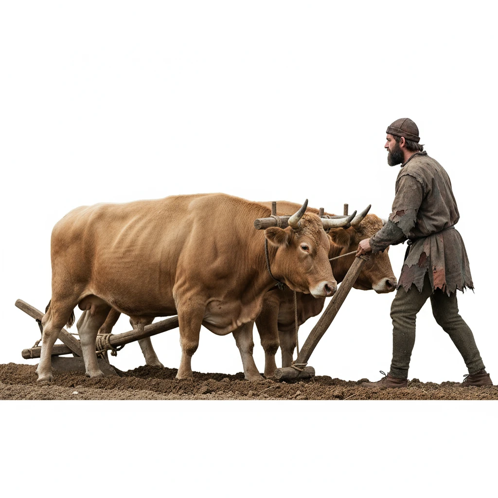 нарисуй строго в профиль средневекового мужчину с плугом и волами без фона emoji