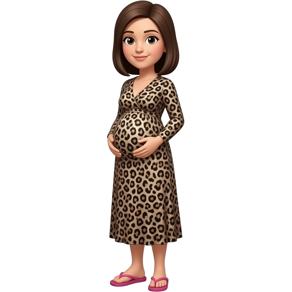 Short pregnant women. Wearing a long sleeve cheetah print lily politzer dress and pink flip flops. She has brown semi straight hair in a  side part emoji