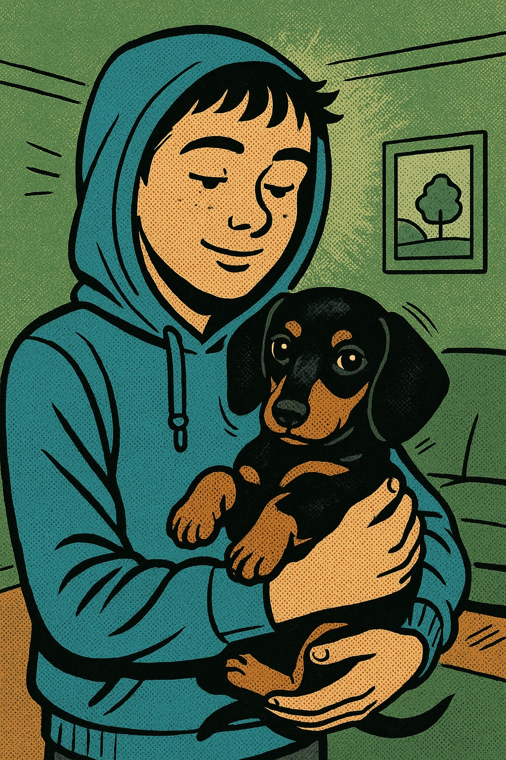 A modern day teenager wearing a blue hoodie with a black and tan puppy dachshund in a green living room emoji