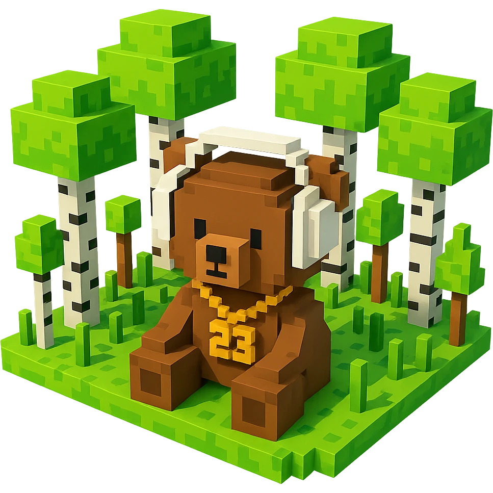 березовый лес, в котором сидит бурый медвежонок в белых наушниках (наушники должны закрывать уши медведя), на медведе цепь с подвеской "23", no background  emoji