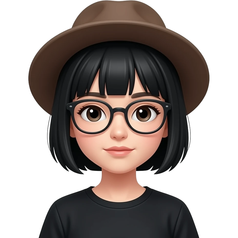 a calm, short black hair girl with black clothes, wearing glasses and hat emoji