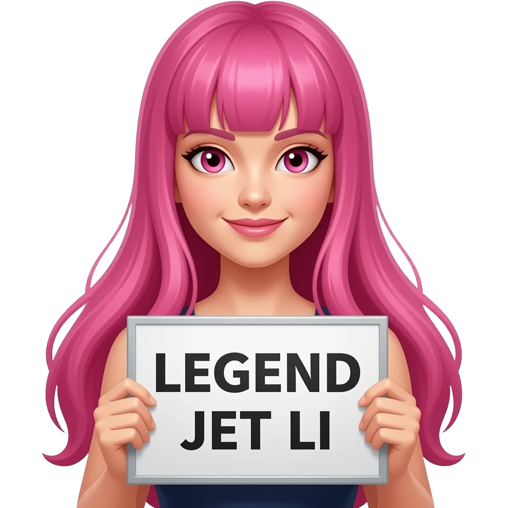 sexy girl with long pink hair and pink eyes holding LEGEND JET LI sign emoji