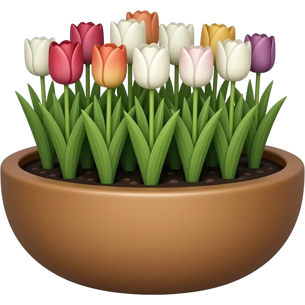 Create an elegant circular ceramic brown planter with tulip plants inside emoji