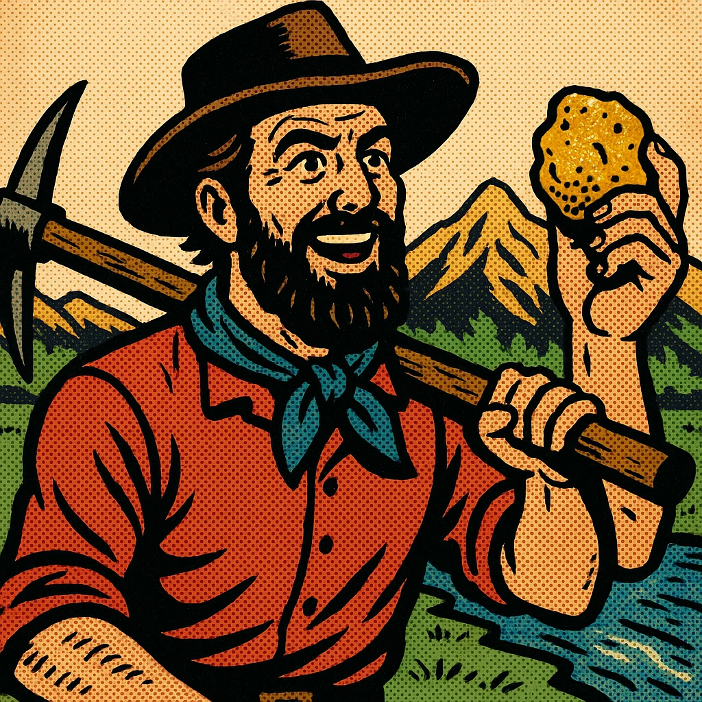 A male gold prospector in the 1840s in California holding up a nugget of gold and carrying a pickaxe.  In the background are mountains and a stream. emoji