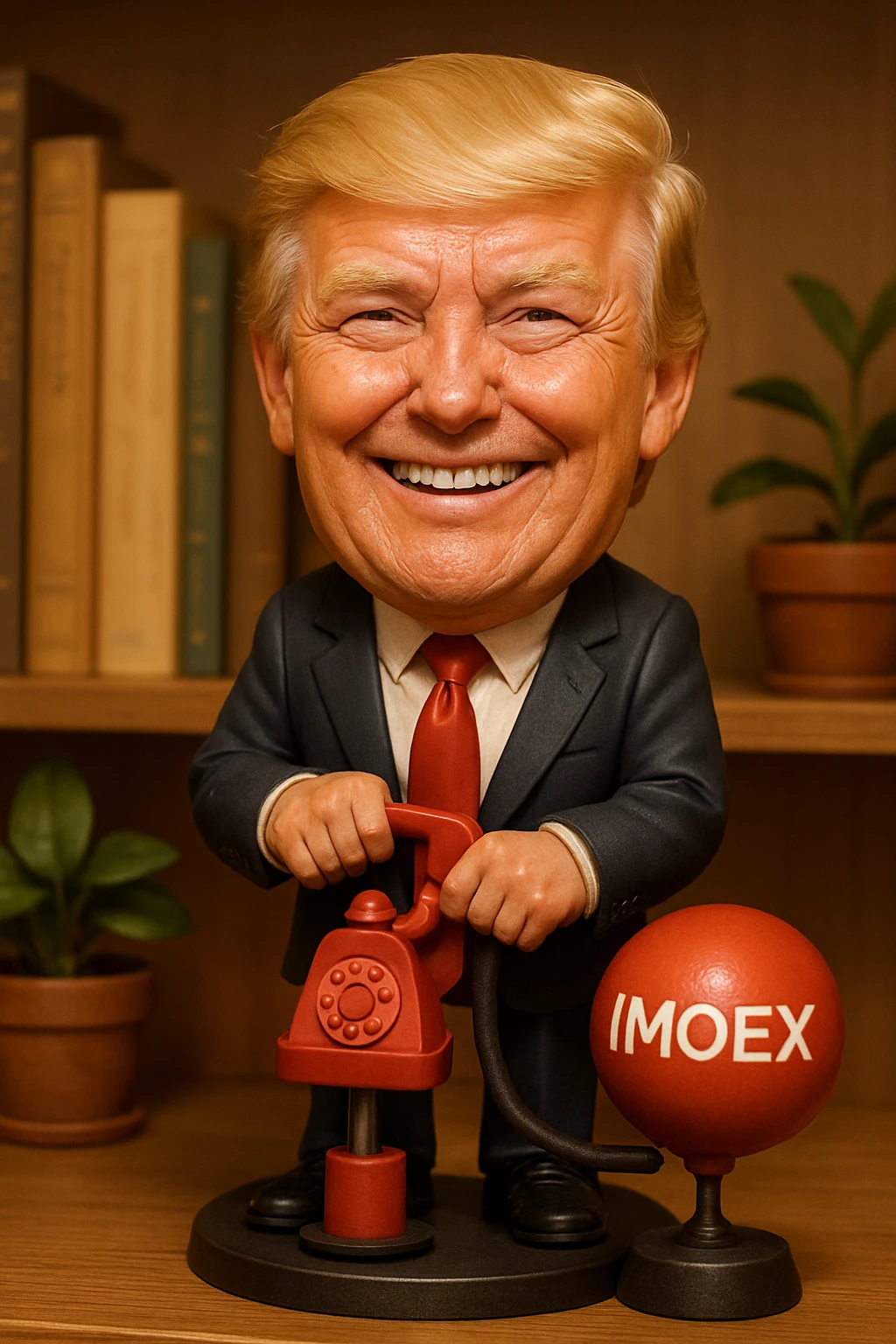 Дональд Трамп  улыбается в поте лица качает через насос в виде телефонного аппарата, который подключен к шарику, который символизирует фондовый рынок и на нём написано IMOEX emoji