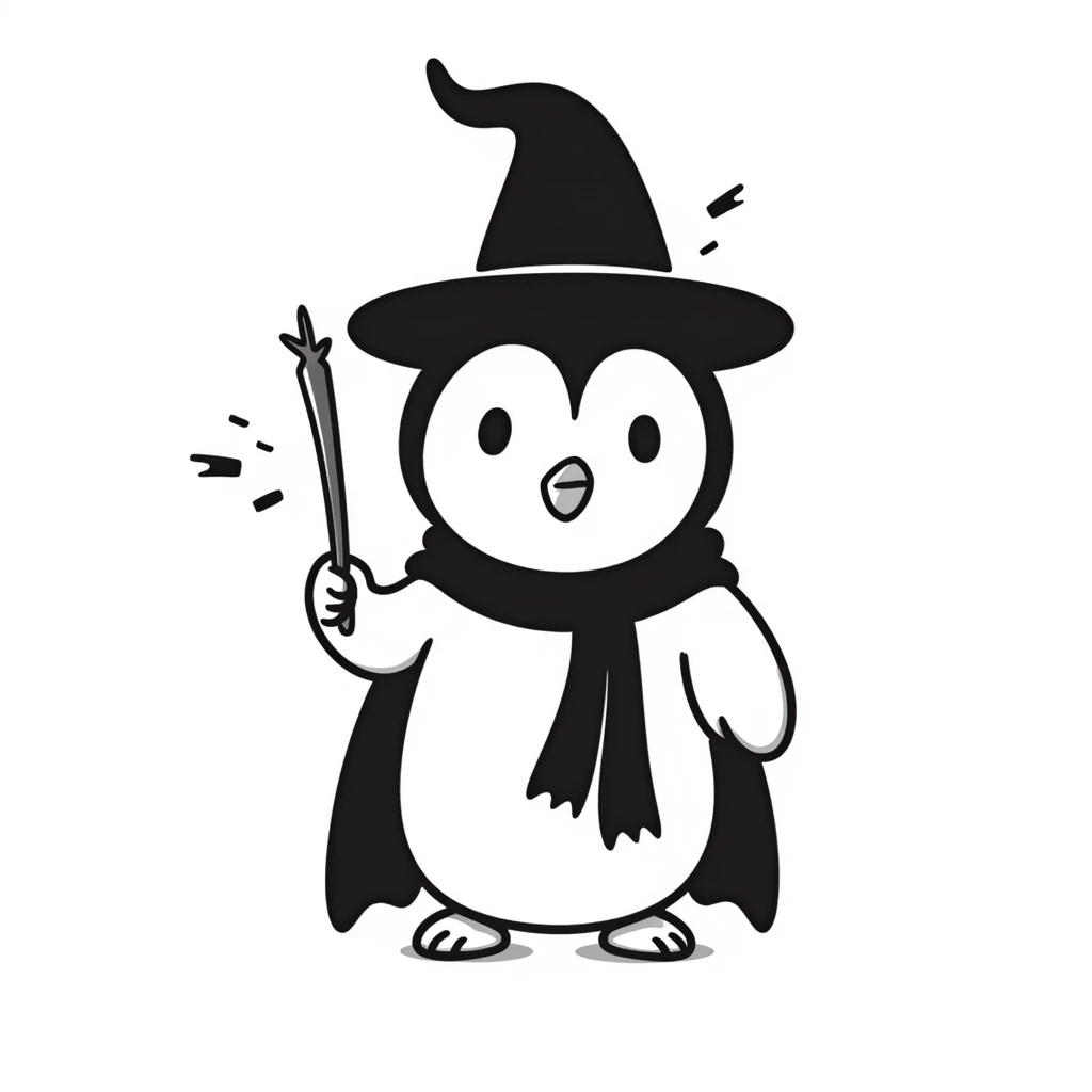 A whimsical, hand-drawn penguin wizard with a pointy hat and a magic wand emoji