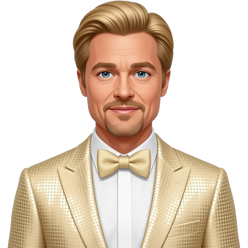 Brad Pitt with golden blonde hair, cream sequin suit with bow tie emoji